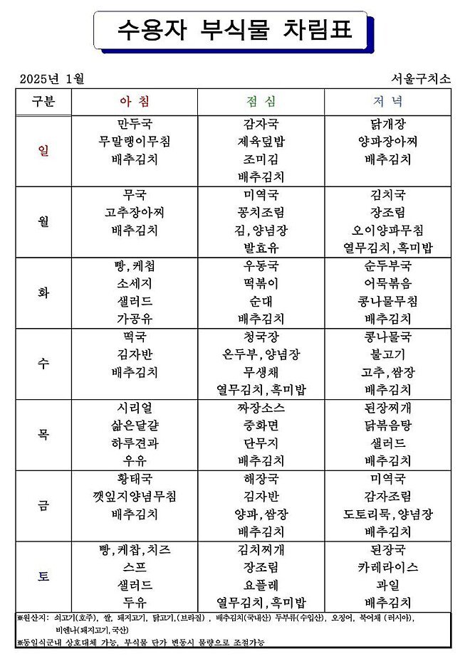 오늘 서울구치소 식단표