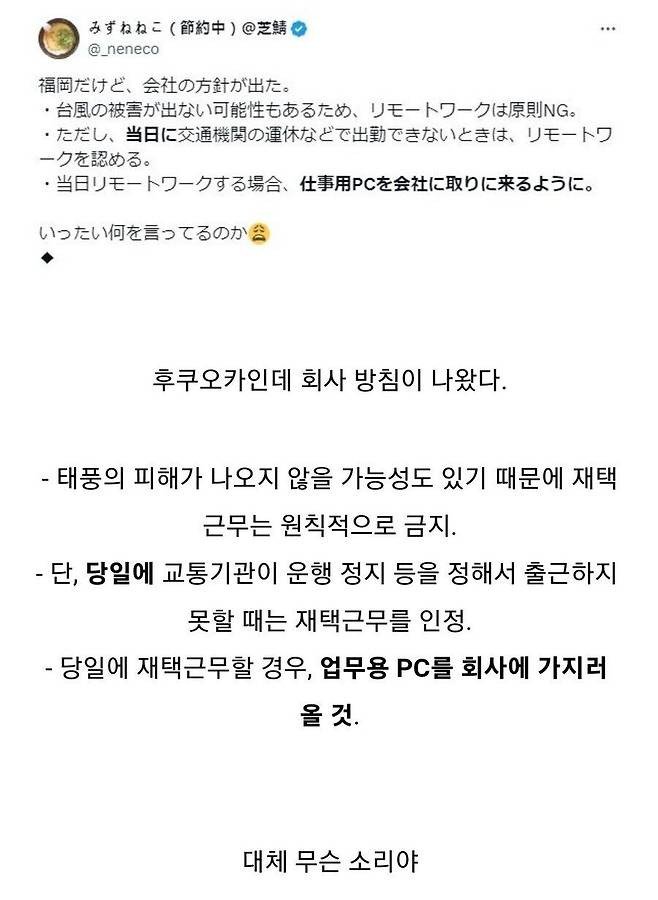 태풍때매 난리인 일본 어느 회사의 재택근무 방침