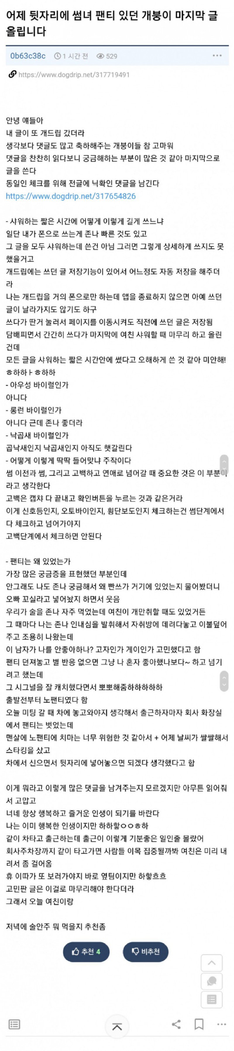 뒷자리 썸녀 팬티의 후기의 후기