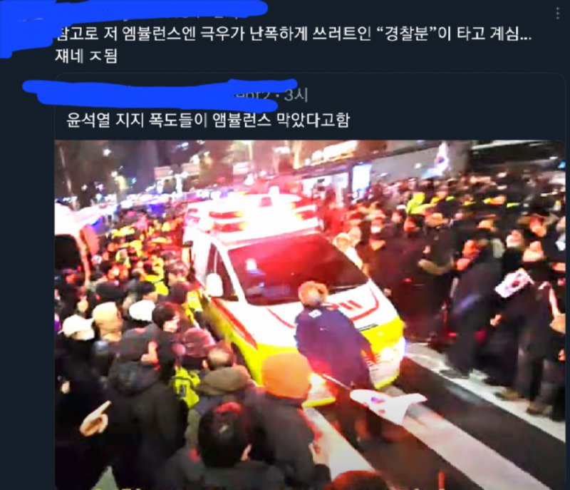 부상당한 경찰 호송을 막는 내란견