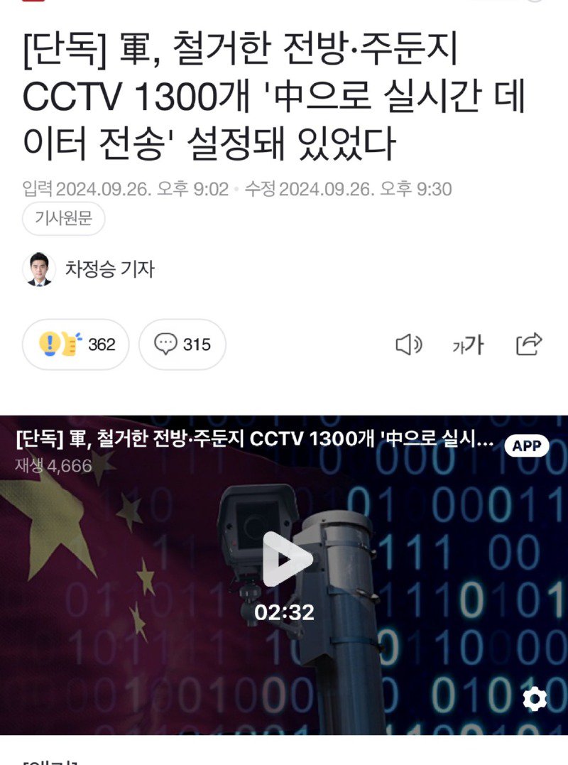 국군의 중국제 CCTV, 중국으로 데이터 실시간 전송됐다