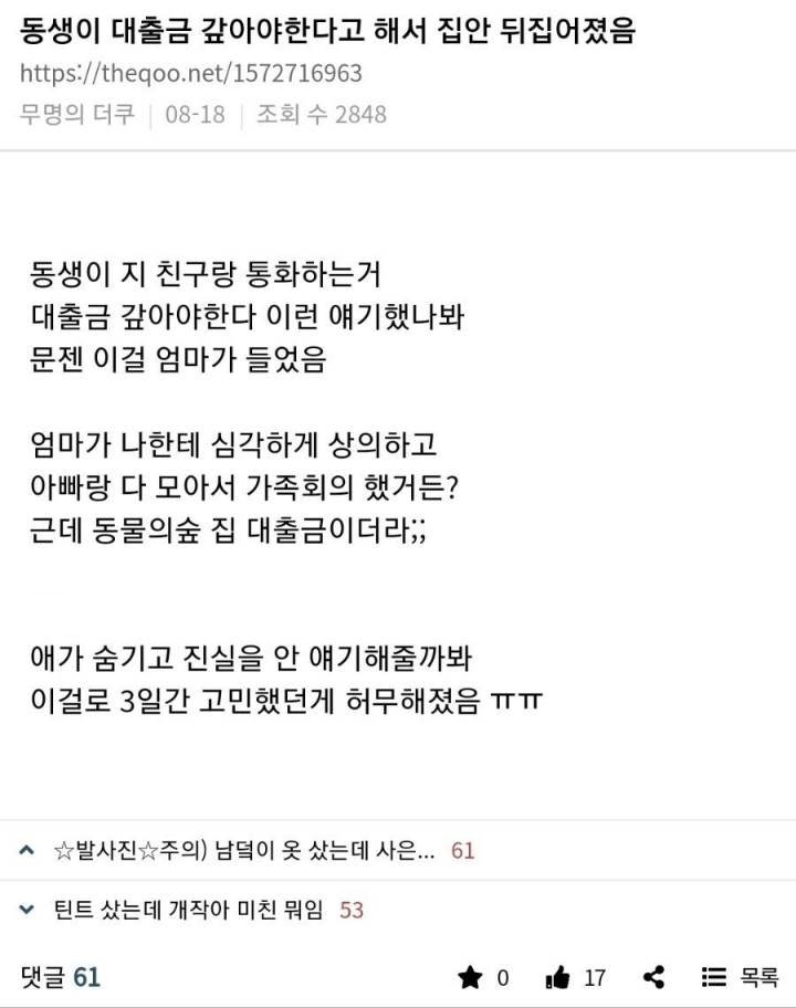 동생 대출금 때문에 집안 뒤집어졌음