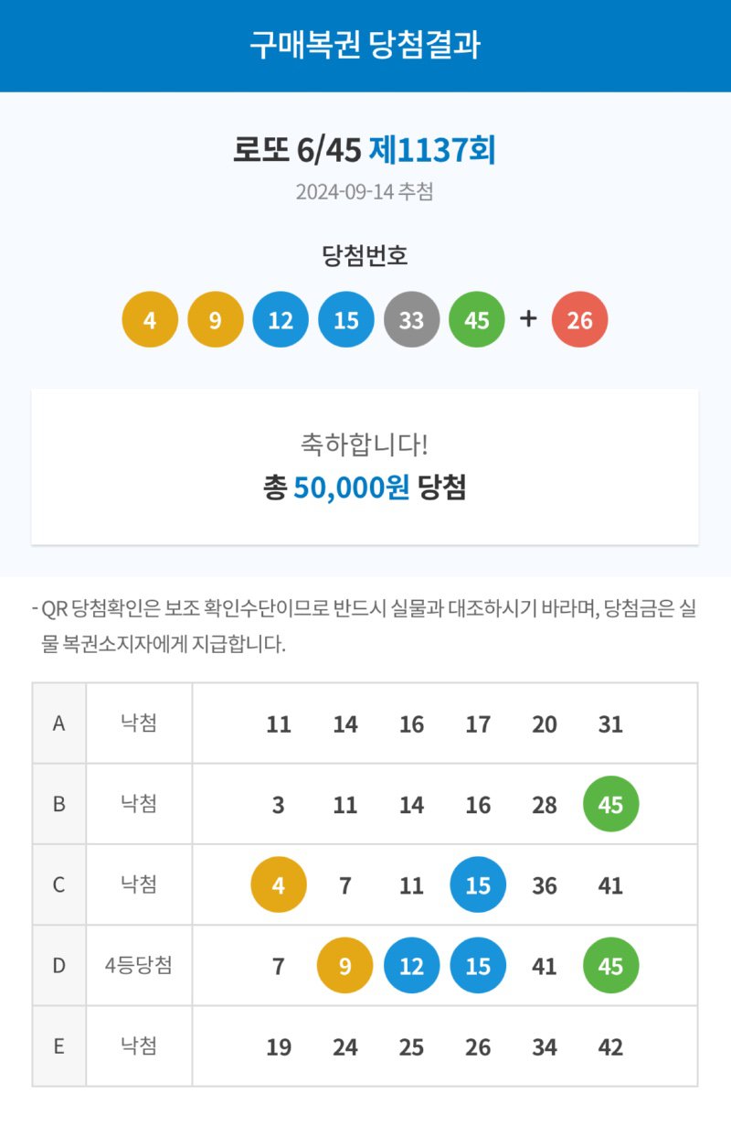 오랜만에 로또 4등 당첨되었습니다 ㅜ