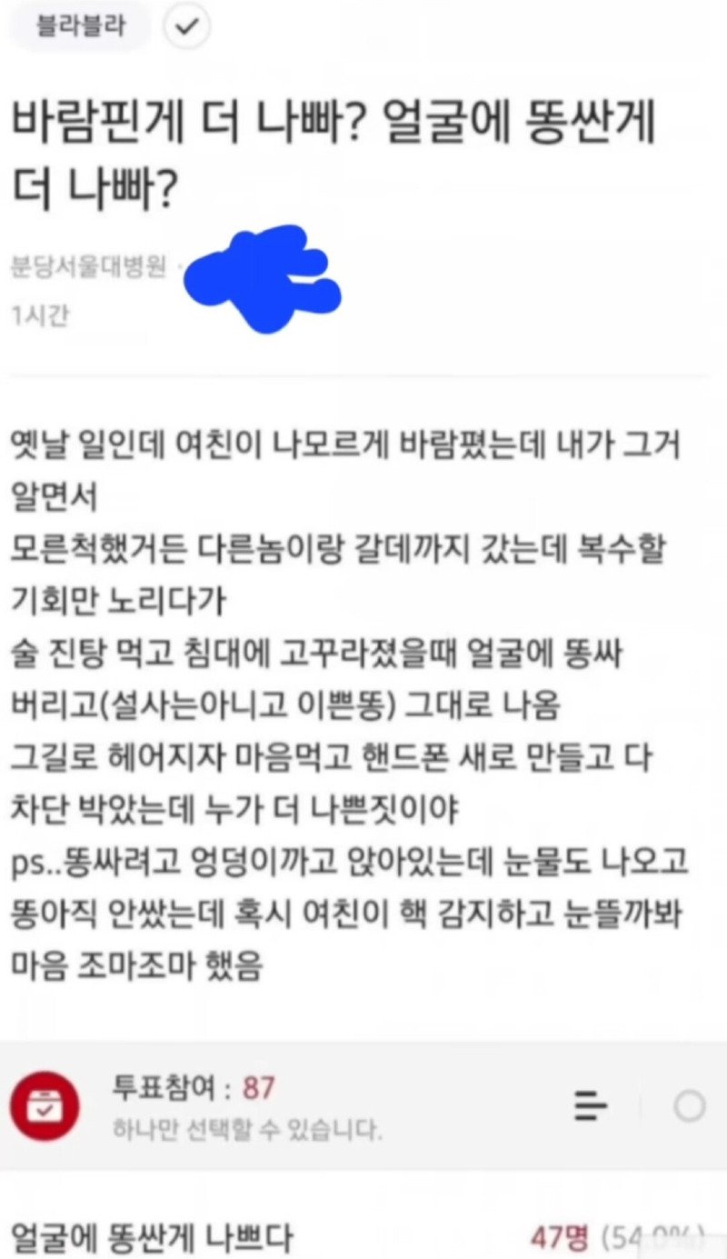 바람 핀게 나빠, 얼굴에 똥 싼게 나빠?