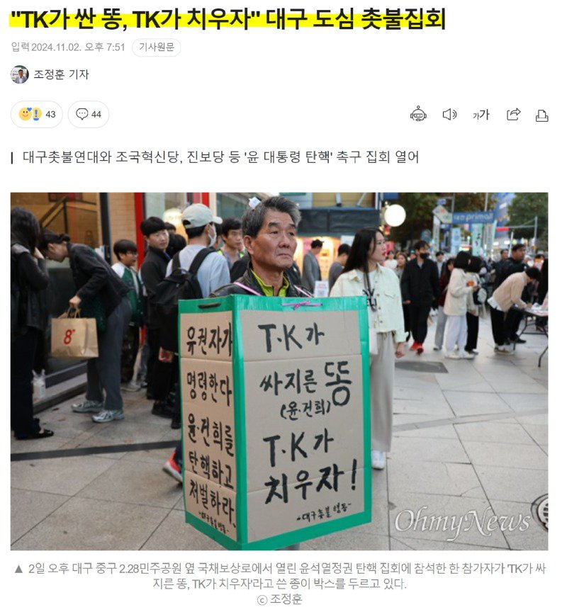 "TK가 싼 똥, TK가 치우자" 대구 도심 촛불집회