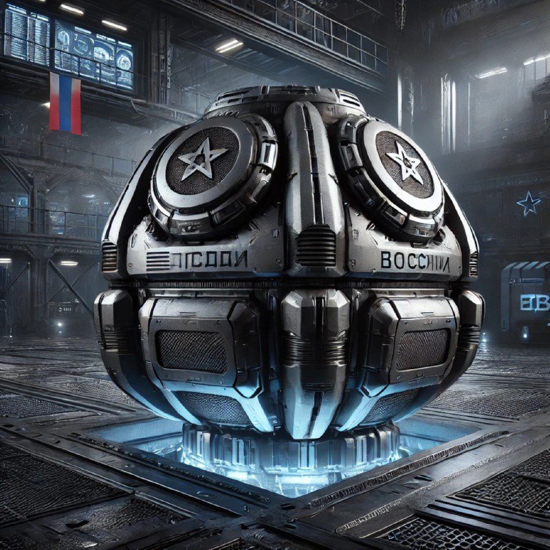 DALL·E 2024-10-05 21.20.15 - A futuristic bomb designed by Russia, displayed in a heavily fortified military base. The bomb has a rugged and imposing design with dark metallic ton.jpg