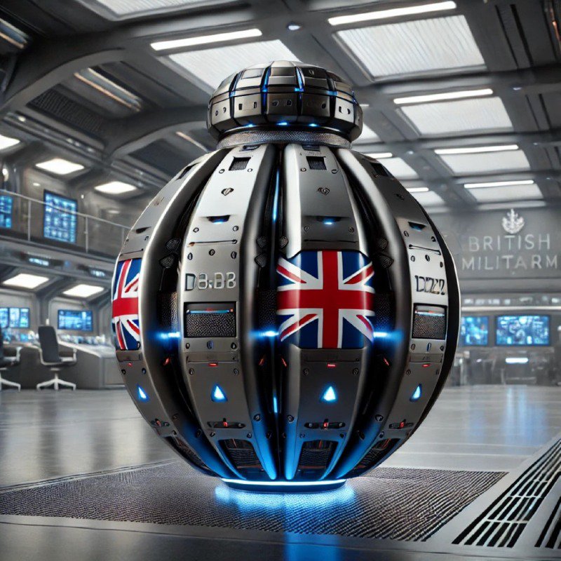 DALL·E 2024-10-05 21.24.08 - A futuristic bomb designed by the United Kingdom, displayed in a sleek military laboratory. The bomb has a robust and advanced design, with sharp line.jpg